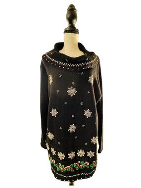 VTG B.P. Design Christmas Tunic Sweater Beaded Embroidered Snowflakes Size Large